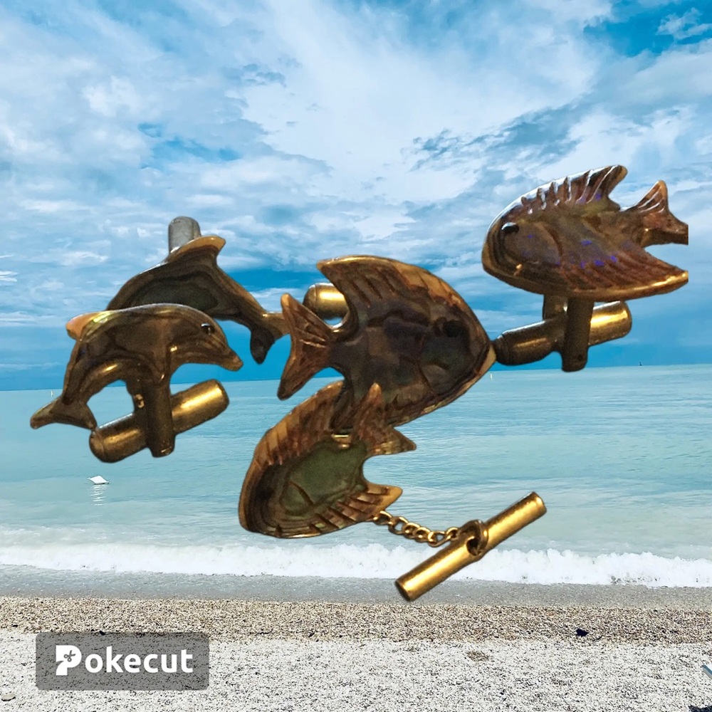 Mens Abalone look Cufflinks set Fish and Dolphin
